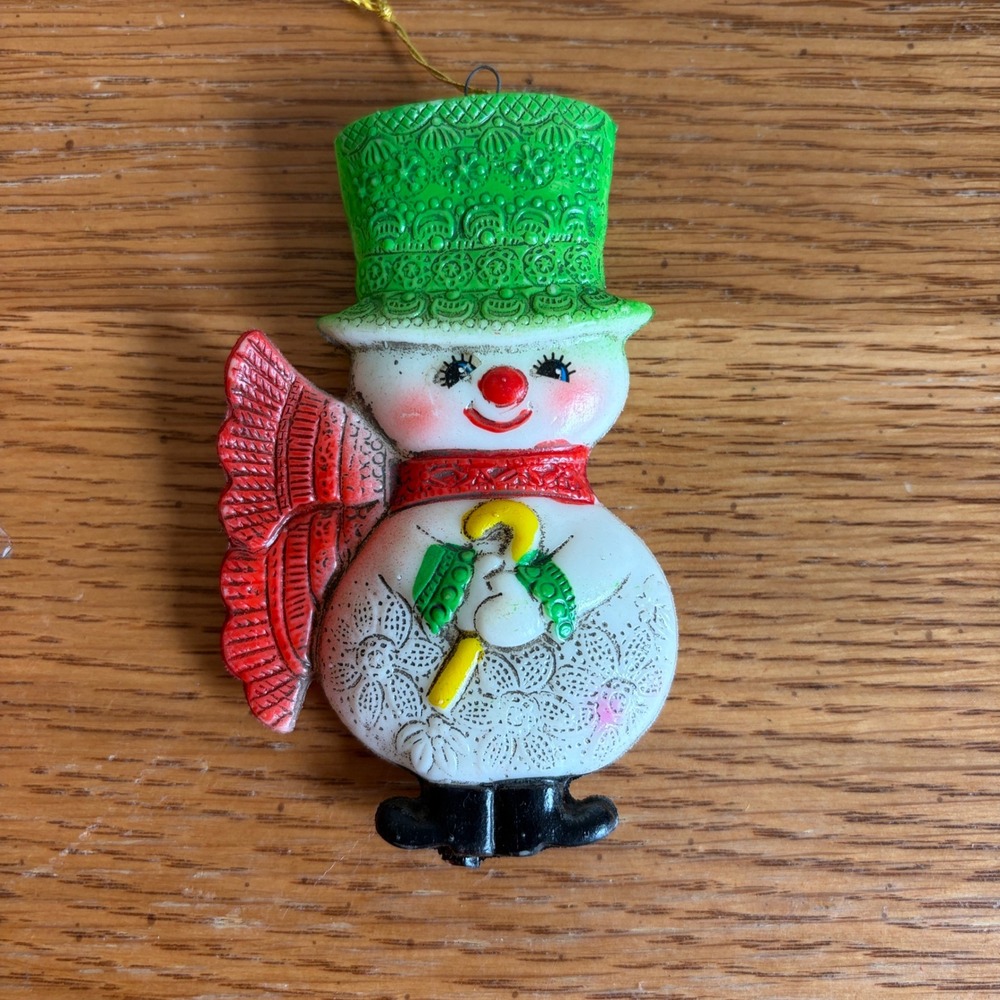 Vintage Snowman Christmas Ornament Made in Japan Green Top Hat Red Scarf